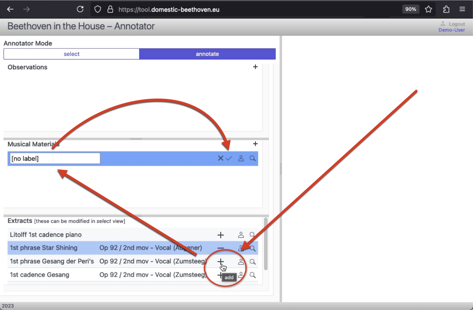 Arrows indicate the Extract plus sign, the Musical Material label box, and checkmark to save.