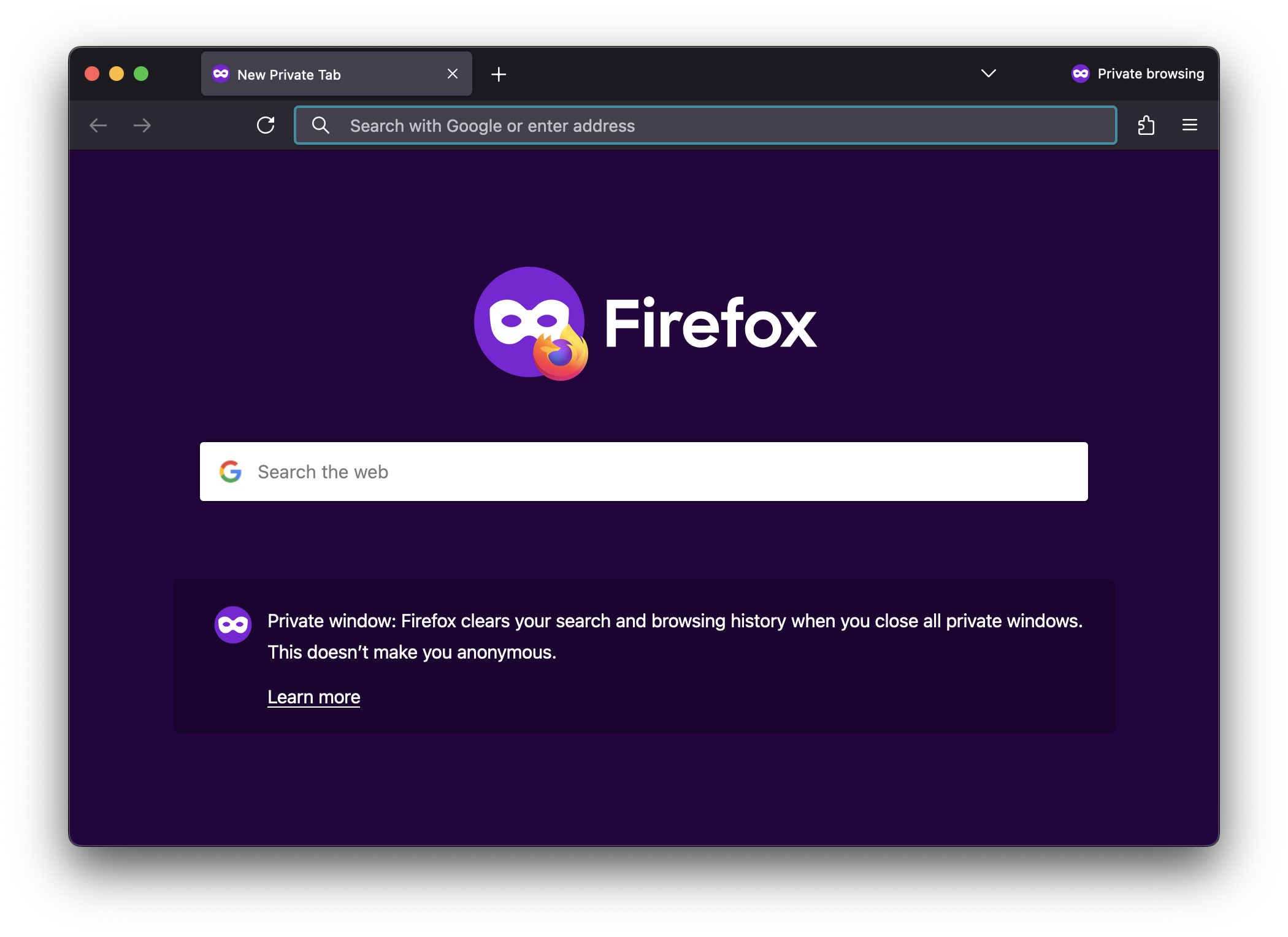 Image of Firefox home screen in Private Mode