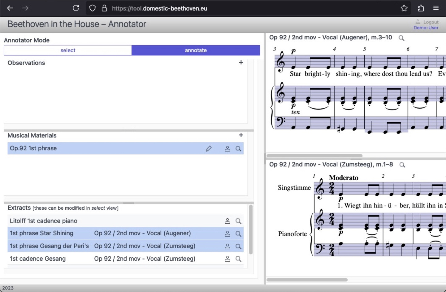 app displaying a Musical Material object and two extracts